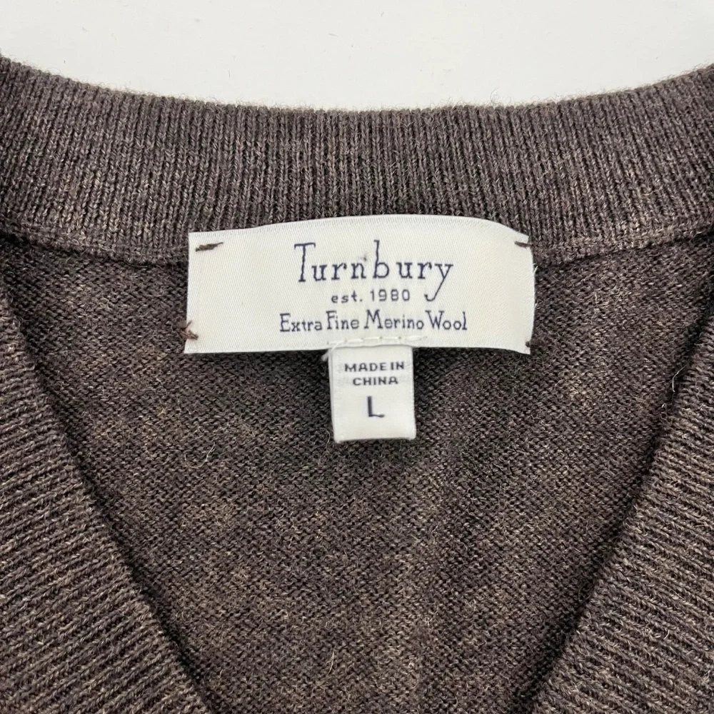 Turnbury Men L Sweater Vest Brown Merino Wool V-Neck Ribbed Hem‎ Outdoor Comfort